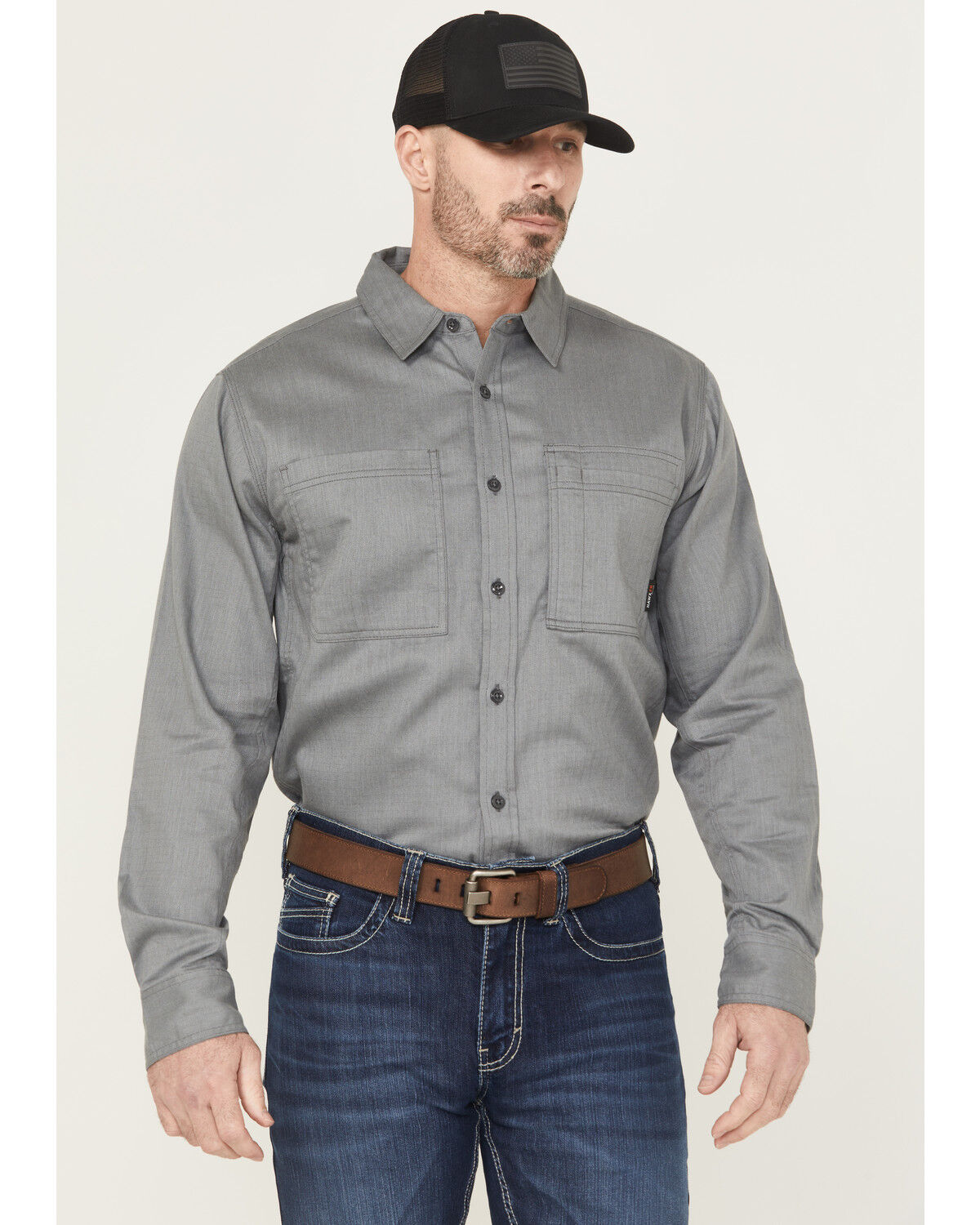 Image #1 - Hawx Men's FR Herringbone Long Sleeve Button-Down Work Shirt, Grey, hi-res