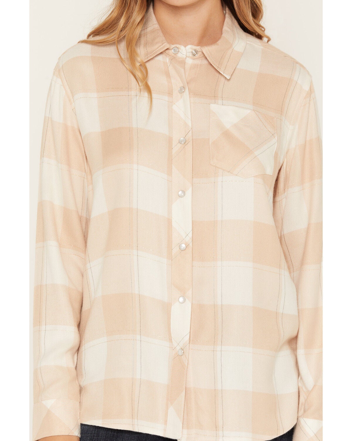 Image #3 - Idyllwind Women's Milligan Plaid Print Lurex Long Sleeve Pearl Snap Flannel Shirt, Cream, hi-res