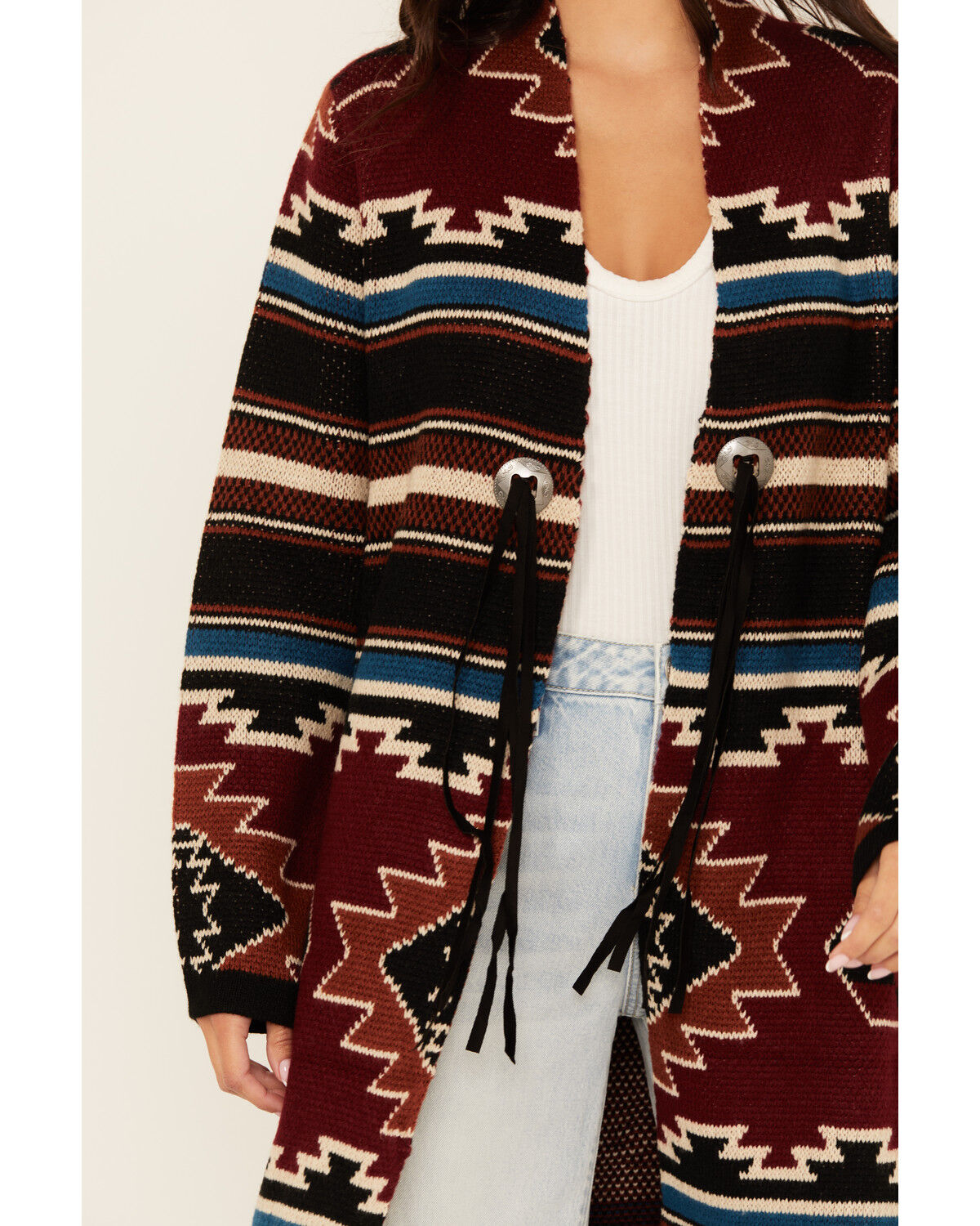 Image #3 - Cotton & Rye Women's Southwestern Print Long Concho Cardigan, Burgundy, hi-res