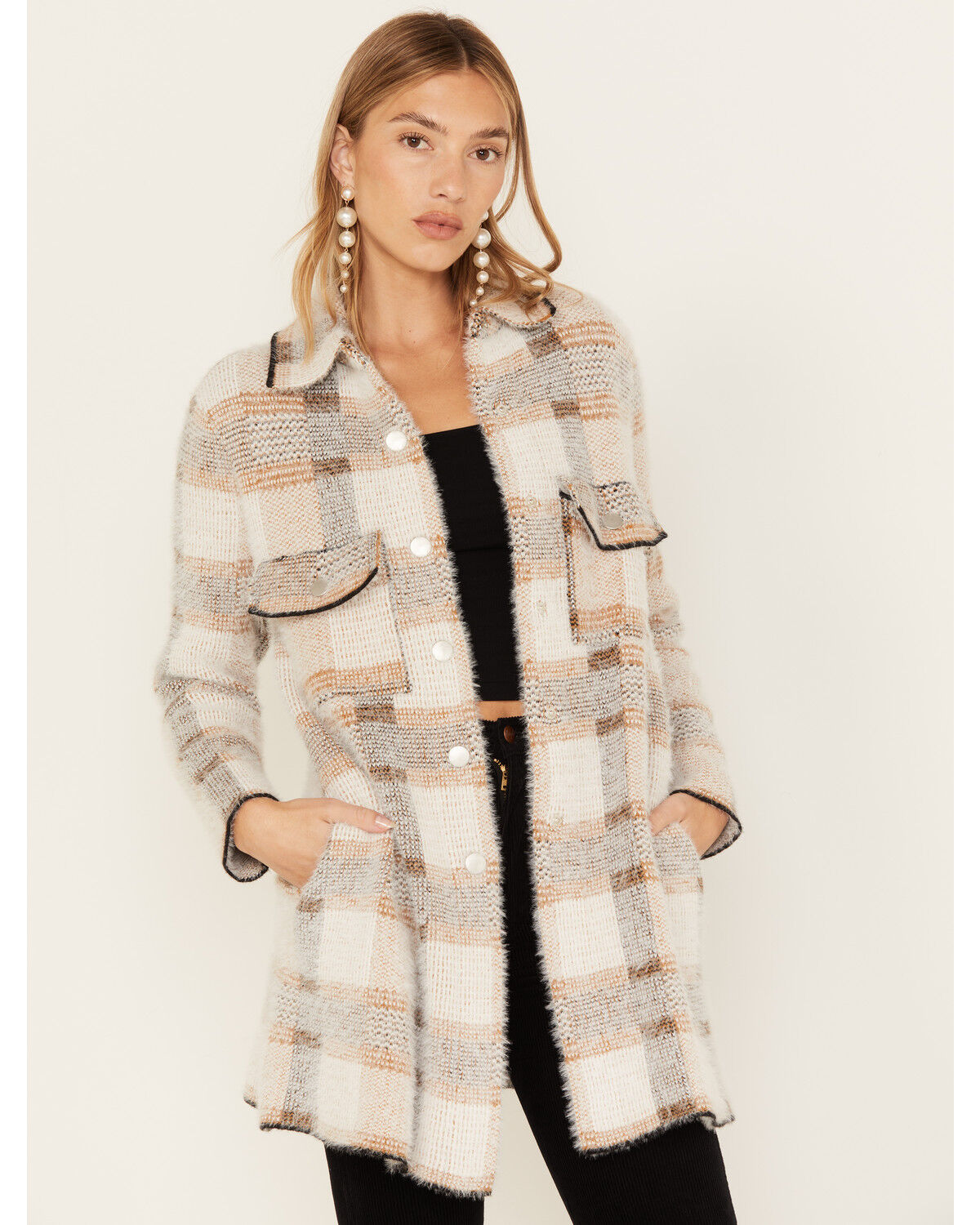 Image #1 - Rock & Roll Denim Women's Plaid Print Eyelash Knit Coat, , hi-res