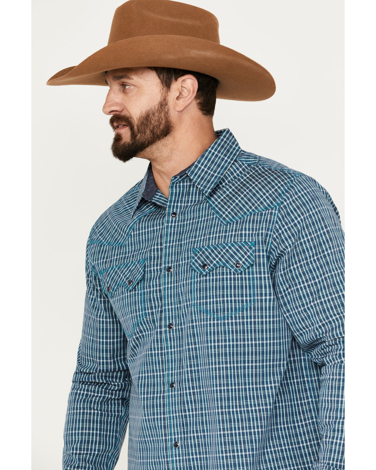 Image #2 - Moonshine Spirit Men's Free Bird Plaid Print Long Sleeve Western Snap Shirt, Navy, hi-res