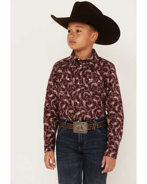 Cody James Boys' Paisley Print Long Sleeve Snap Western Shirt, Burgundy, hi-res