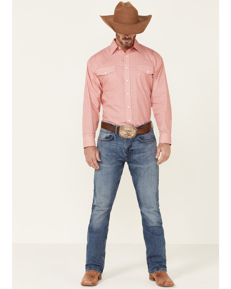Panhandle Select Men's Red Geo Print Long Sleeve Snap Western Shirt , Red, hi-res