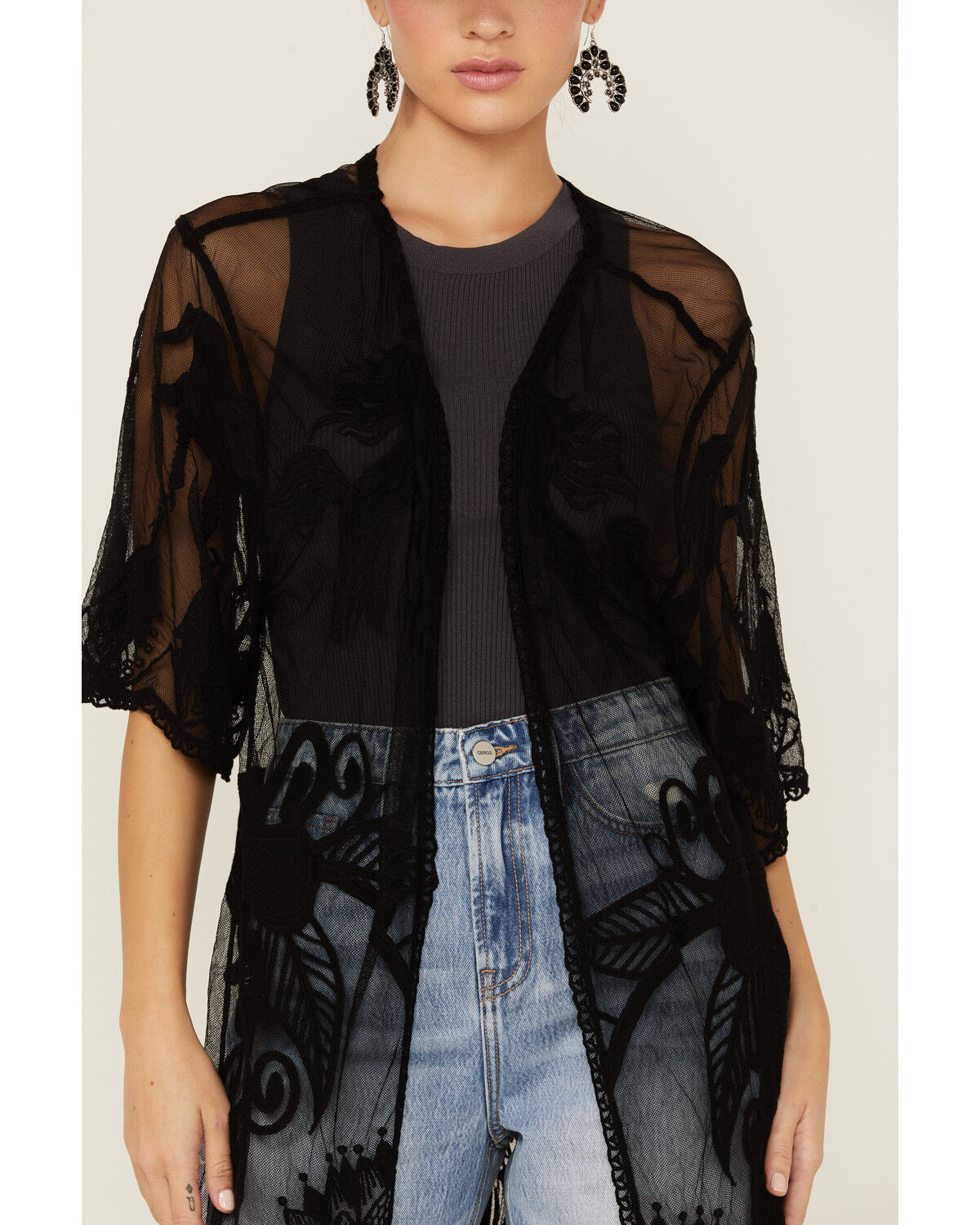 Image #3 - Shyanne Women's Lace Tassel Kimono, Black, hi-res