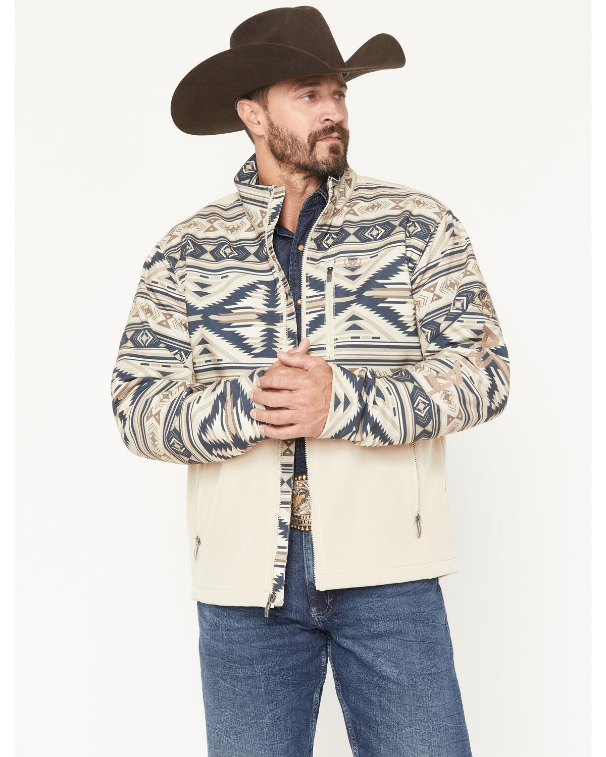 Ariat Men's Southwestern Colorblock Concealed Carry Softshell Jacket, Sand, hi-res