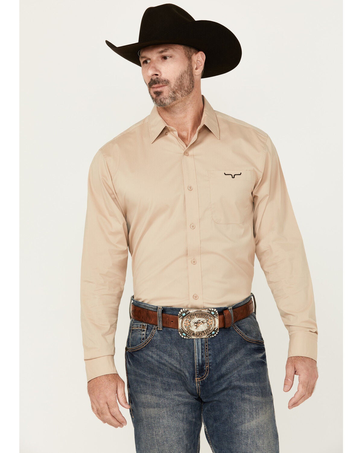 Kimes Ranch Men's Team Solid Long Sleeve Button-Down Performance Western Shirt, Beige, hi-res