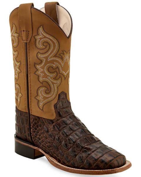Old West Youth Boys' Brown Faux Horn Gator Western Boots - Wide Square, Chocolate, hi-res