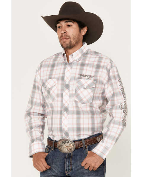 Wrangler Men's Logo Plaid Print Long Sleeve Button-Down Western Shirt, White, hi-res