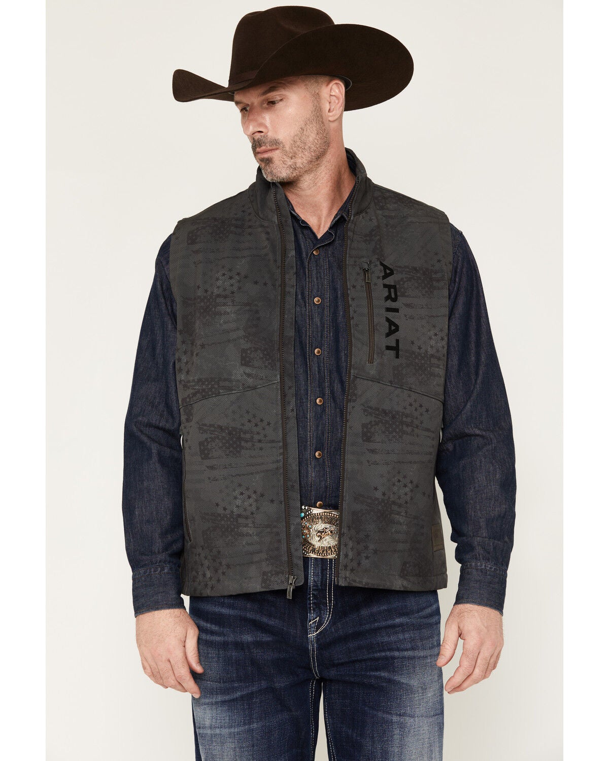 Ariat Men's Americana Flag Print Softshell Vest, Charcoal, hi-res