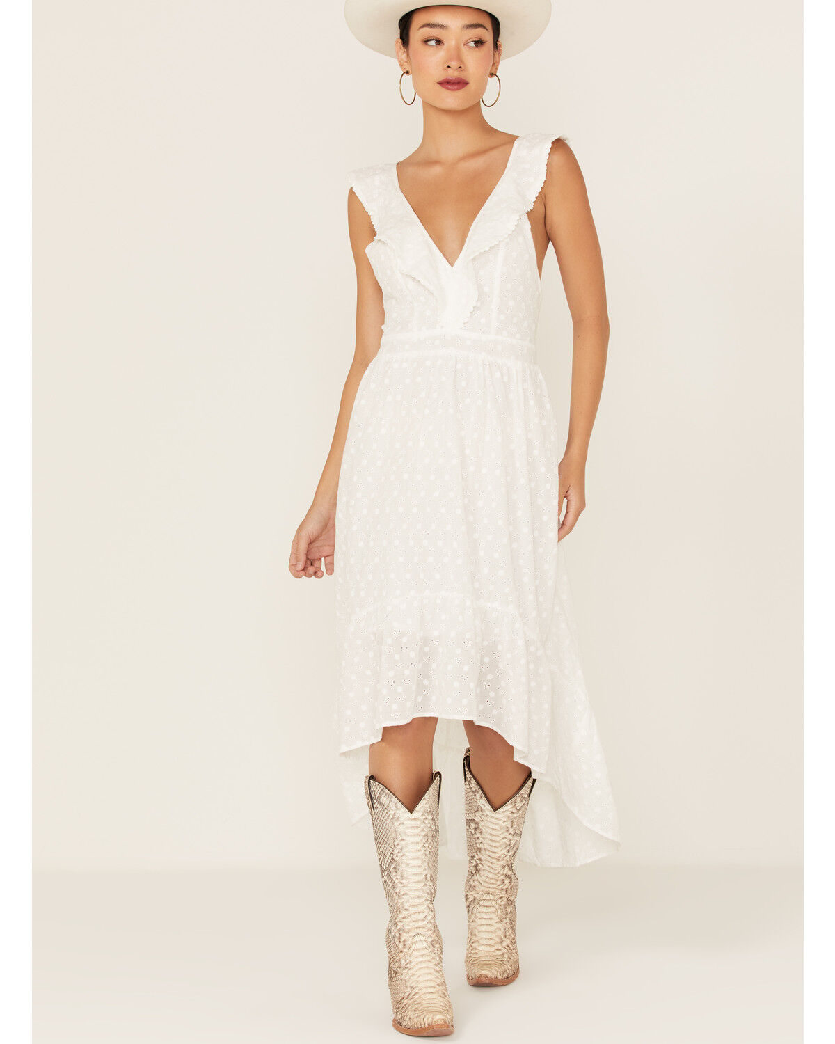 Image #2 - Molly Bracken Women's Ruffle Trim Cross Back High-Low Dress, White, hi-res