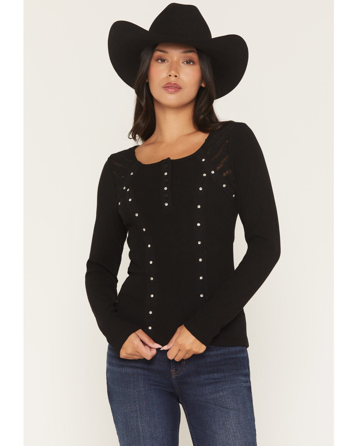 Miss Me Women's Embellished Lace Long Sleeve Shirt, Black, hi-res