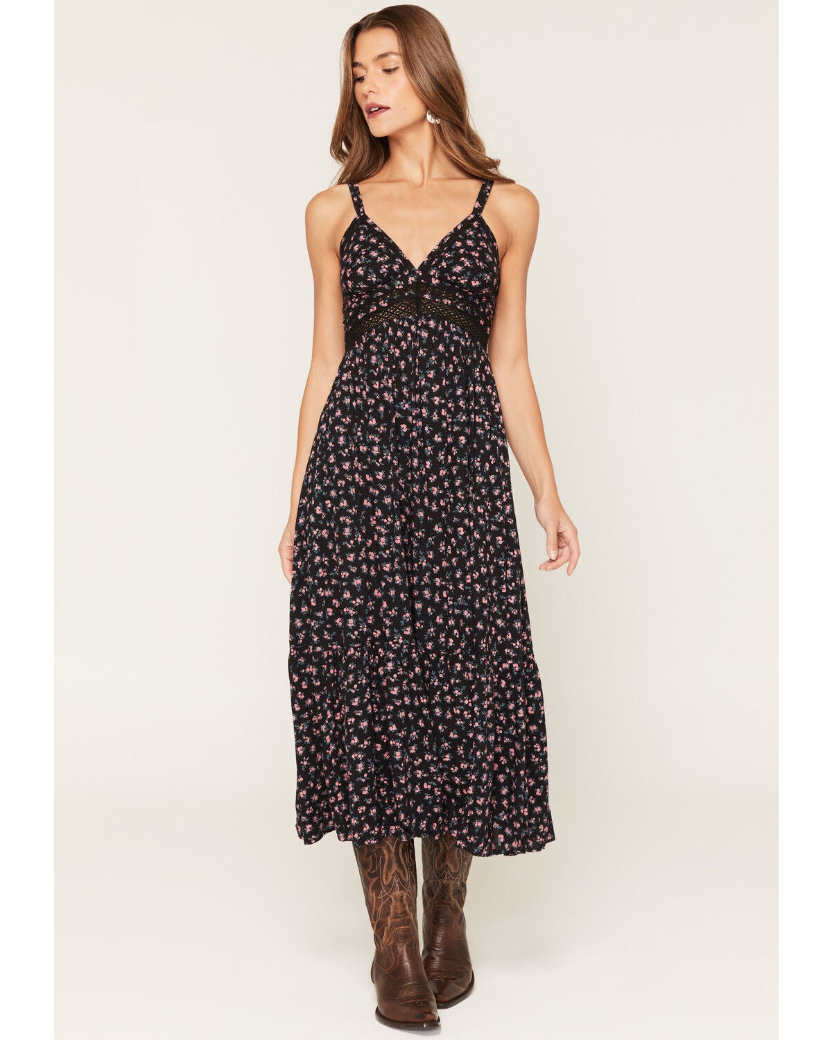 Angie Women's Floral Print Sleeveless Midi Dress, Black, hi-res