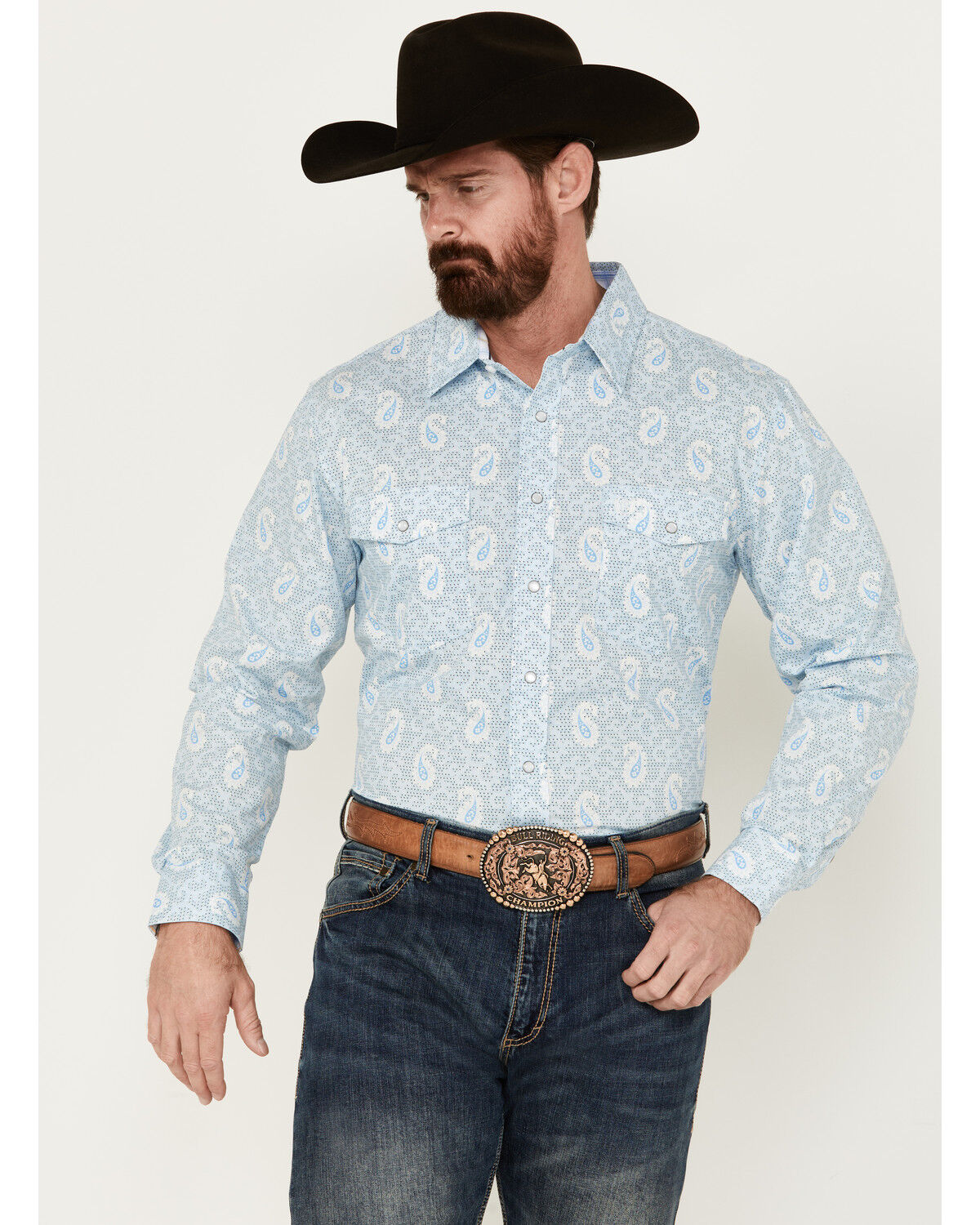 Image #1 - Panhandle Select Men's Paisley Print Long Sleeve Snap Western Shirt - Tall, Light Blue, hi-res