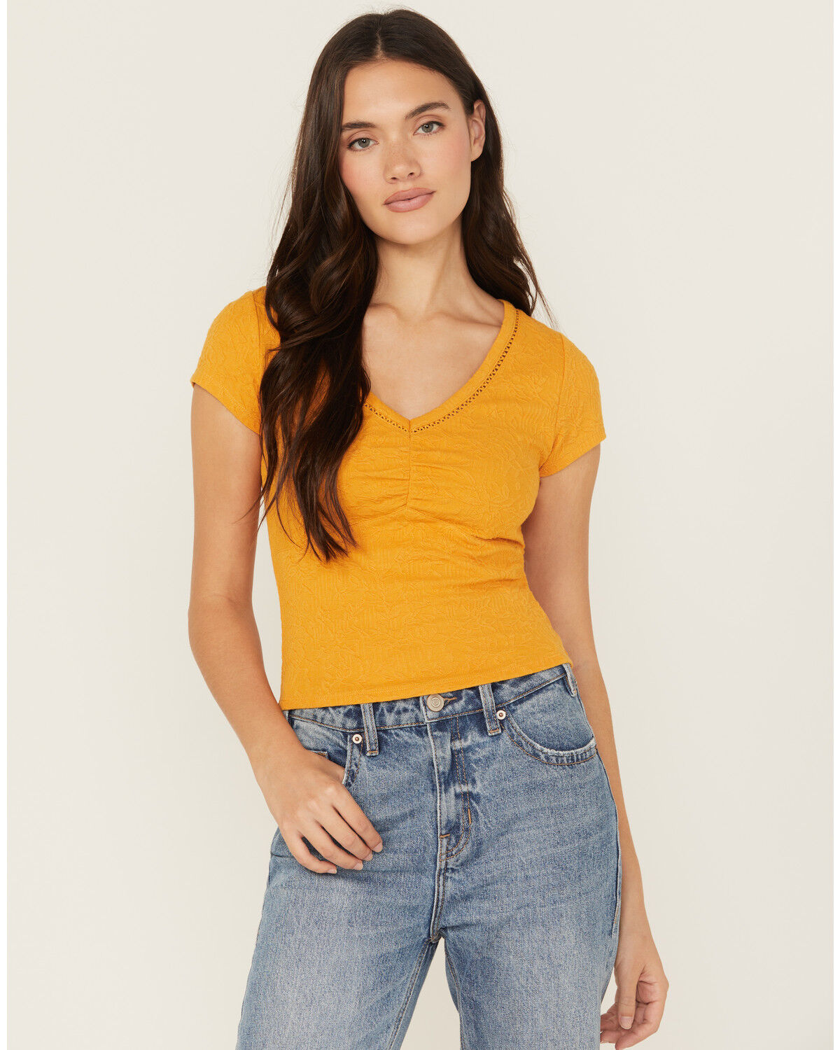 Image #1 - Shyanne Women's V Neck Short Sleeve Stretch Knit Top, Gold, hi-res