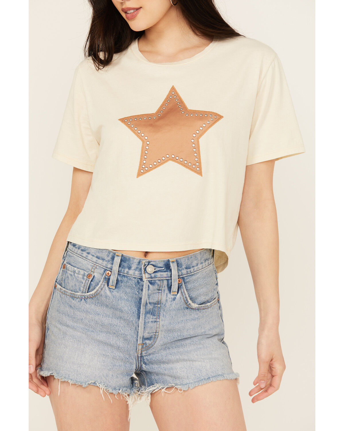 Image #3 - Rock & Roll Denim Women's Studded Star Short Sleeve Graphic Tee, Cream, hi-res