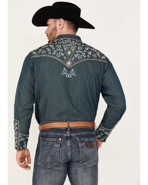 Image #4 - Scully Men's Denim Scroll Embroidered Long Sleeve Pearl Snap Western Shirt , Navy, hi-res