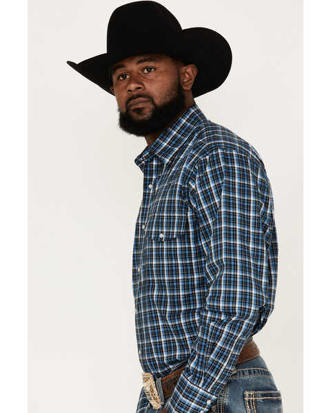 Image #2 - Wrangler Men's Wrinkle Resist Plaid Print Long Sleeve Western Pearl Snap Western  Shirt, Black/blue, hi-res