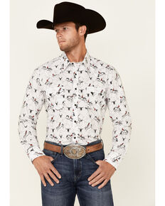 Dale Brisby Men's White All-Over Rider Print Long Sleeve Snap Western Shirt , White, hi-res