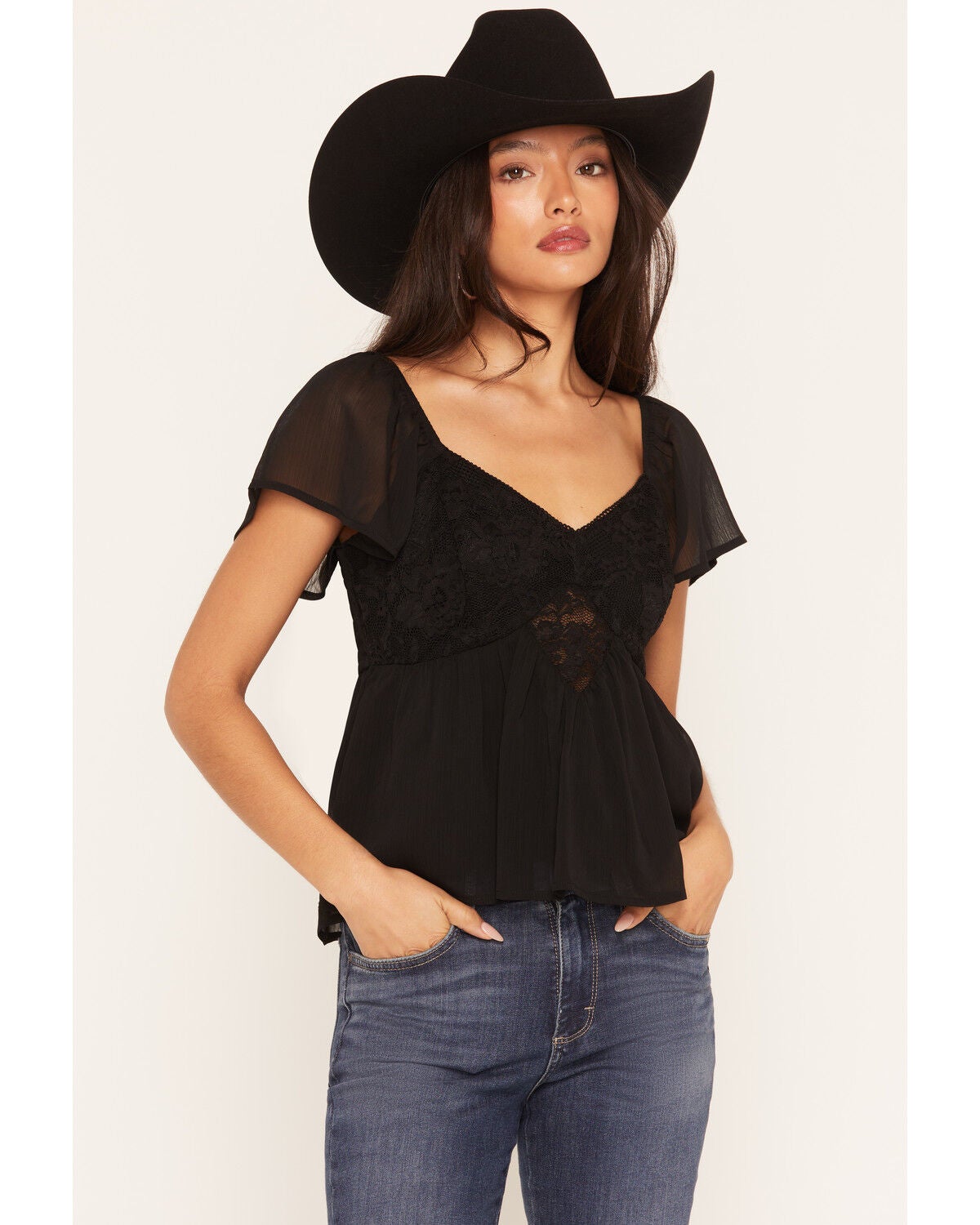 Ash & Violet Women's Short Sleeve Lace Inset Top, Black, hi-res