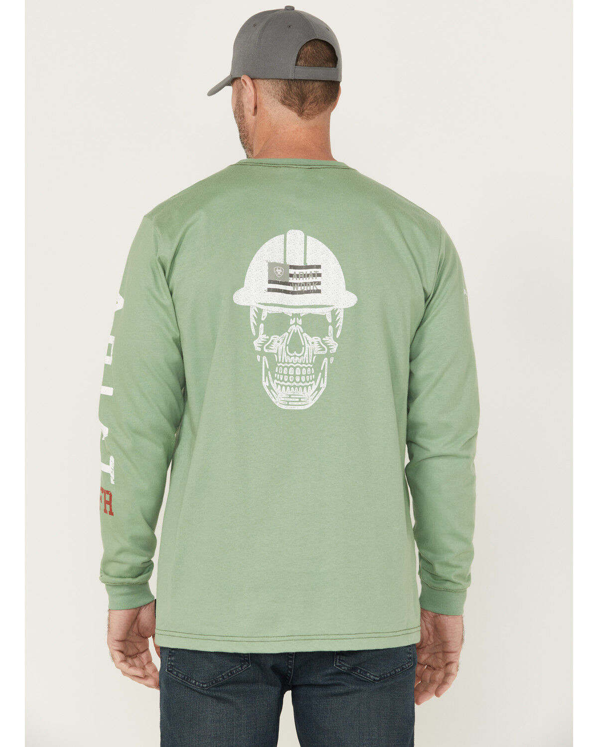 Image #1 - Ariat Men's FR Skull Logo Long Sleeve Graphic Work Shirt, Green, hi-res