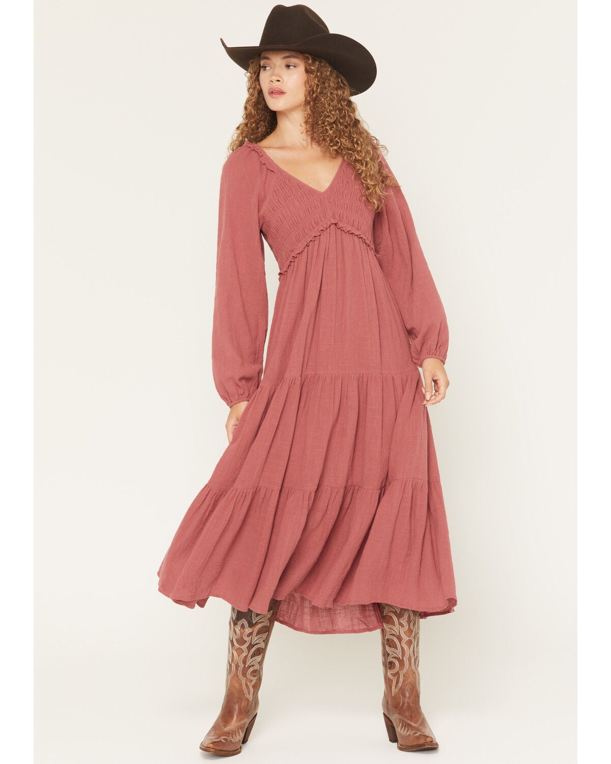 Yura Women's Long Sleeve Smocked Tiered Midi Dress, Rose, hi-res