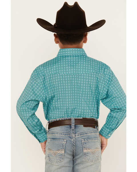 Image #4 - Rough Stock by Panhandle Boys' Foulard Geo Print Long Sleeve Pearl Snap Western Shirt, Turquoise, hi-res