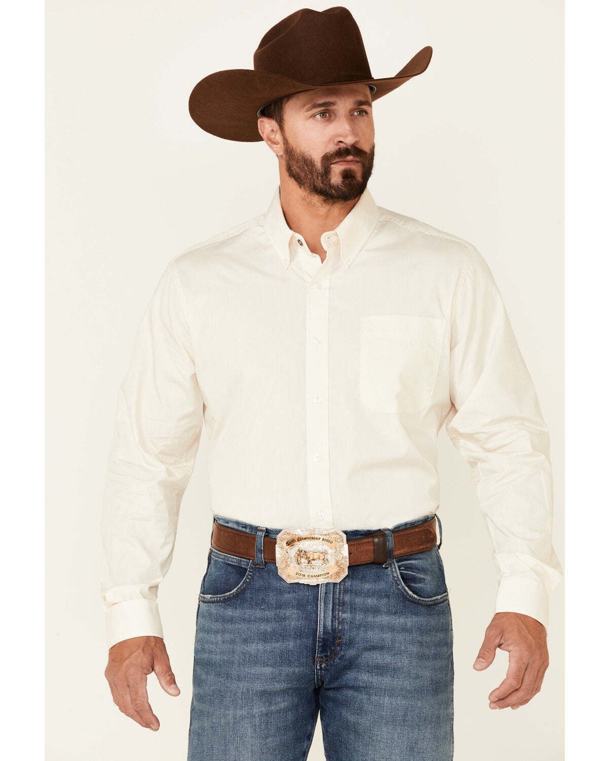 Cinch Men's Modern Fit Solid Cream Long Sleeve Button Down Western Shirt, Cream, hi-res
