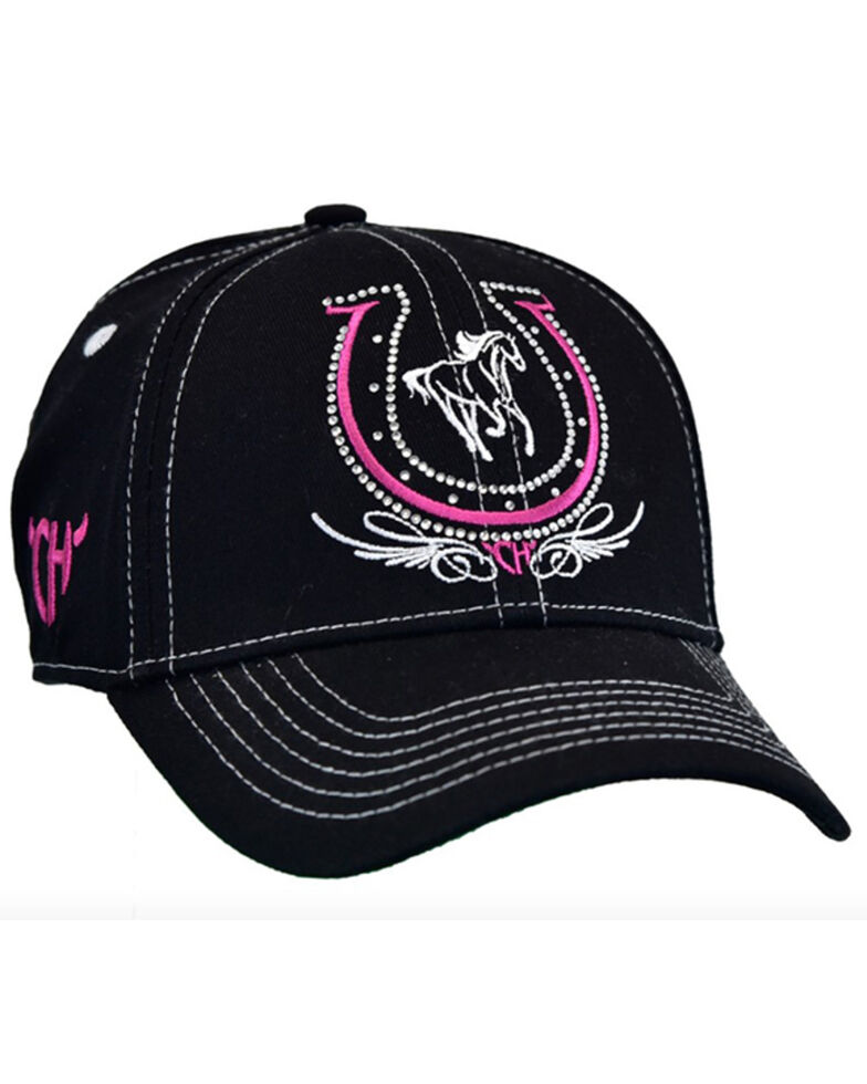 Cowgirl Hardware Girls' Black Studded Horseshoe Solid-Back Ball Cap , Black, hi-res