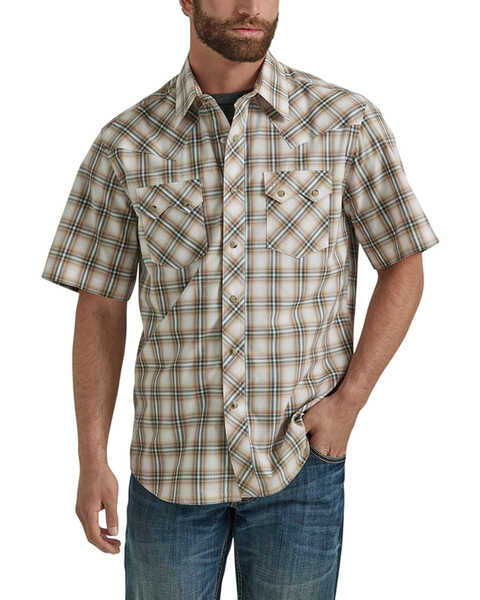 Wrangler Retro Men's Plaid Print Short Sleeve Snap Western Shirt - Tall , Brown, hi-res