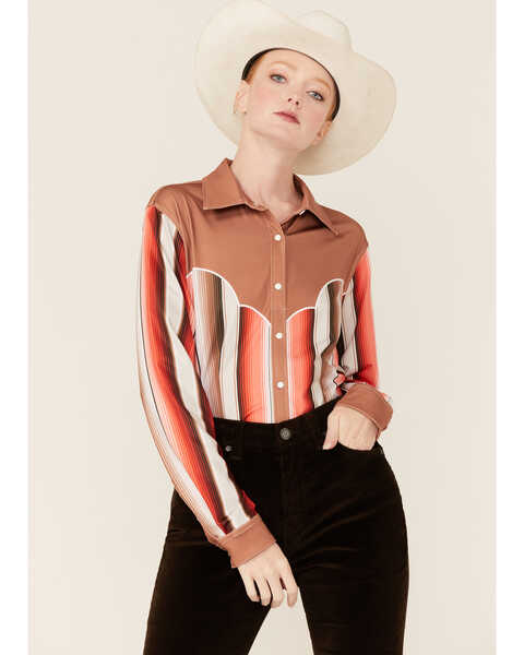 Image #1 - Ranch Dress'n Women's Serape Stripe Long Sleeve Button Down Western Shirt, Tan, hi-res