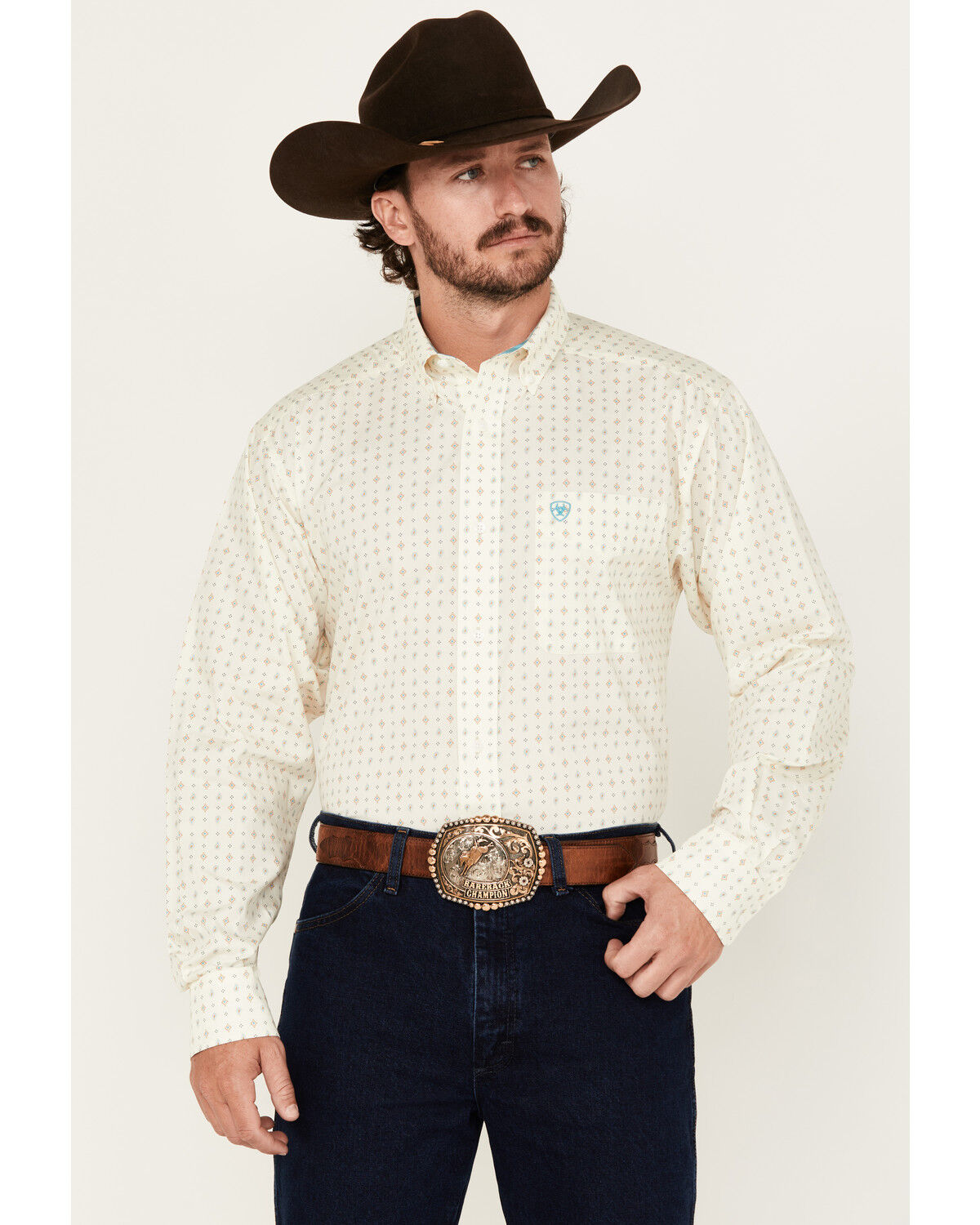 Image #1 - Ariat Men's Wrinkle Free Griffin Geo Print Long Sleeve Button-Down Western Shirt - Big, Cream, hi-res