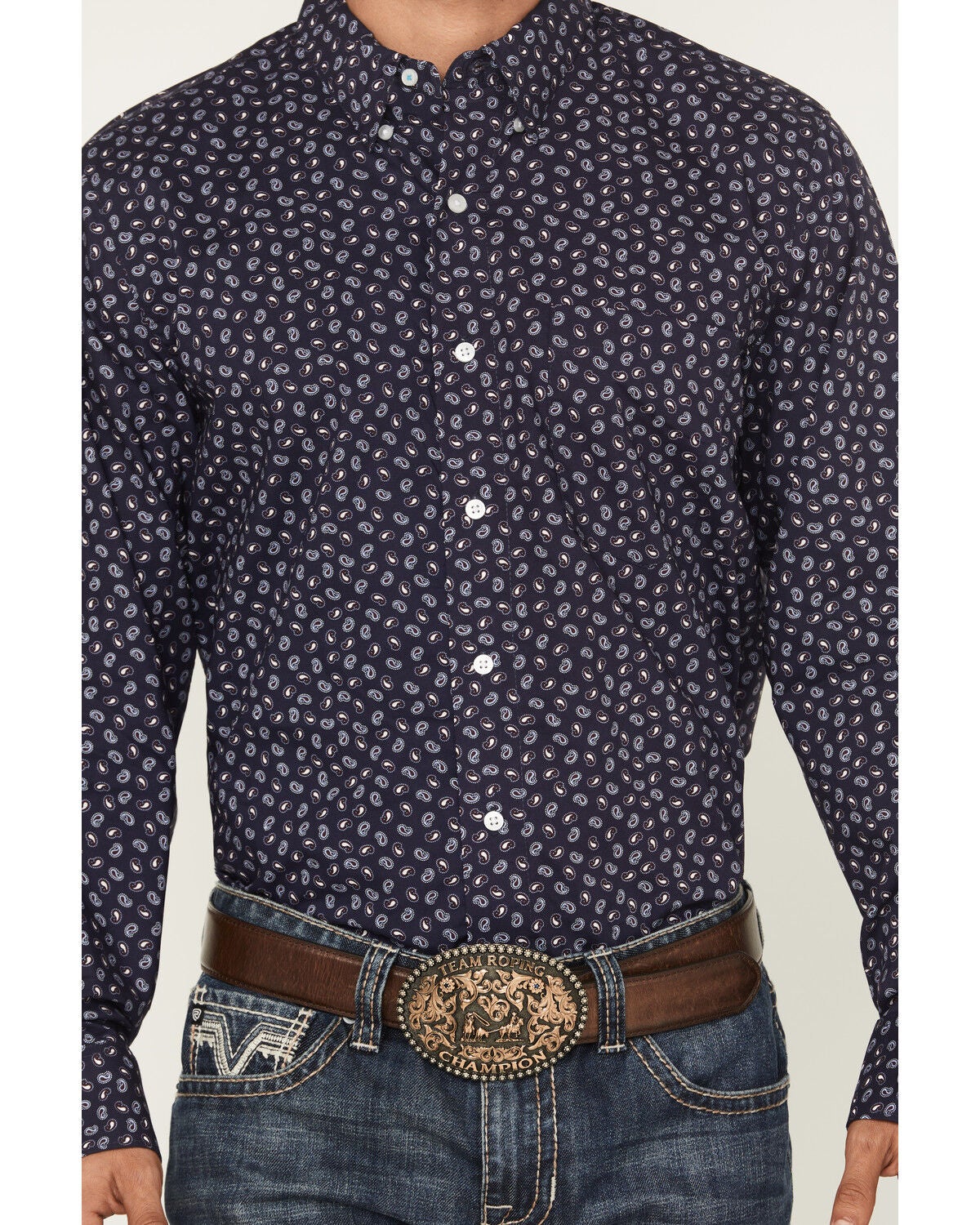 Image #3 - Wrangler X Cody Johnson Men's Paisley Print Long Sleeve Button-Down Western Shirt - Tall, Navy, hi-res