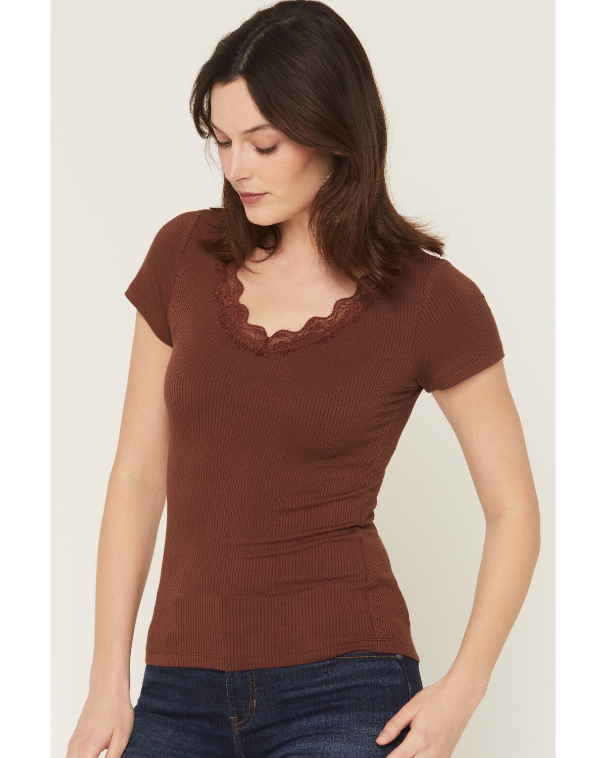 Image #2 - Blue Life Women's Lana Basic Lace V Neck Shirt, Chocolate, hi-res