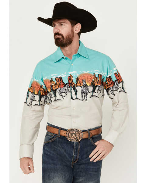 Panhandle Men's Desert Border Long Sleeve Pearl Snap Western Shirt , Turquoise, hi-res