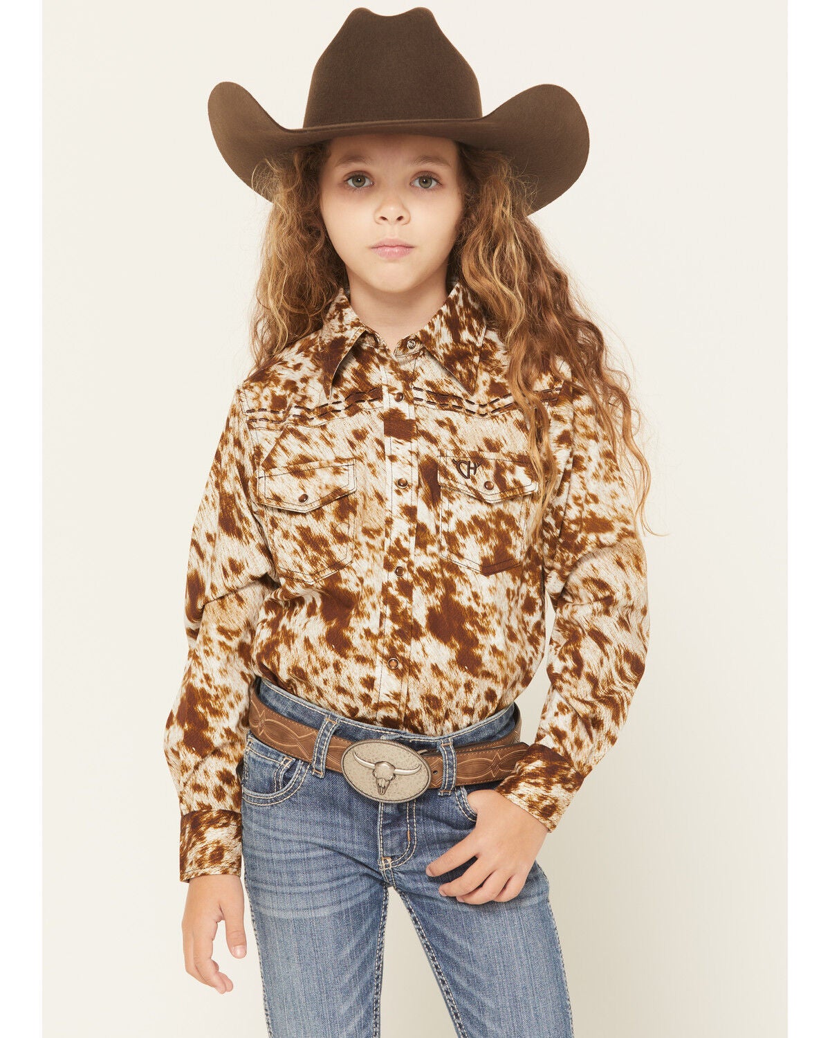 Image #1 - Cowgirl Hardware Girls' Cowhide Print Long Sleeve Pearl Snap Stretch Western Shirt, Brown, hi-res