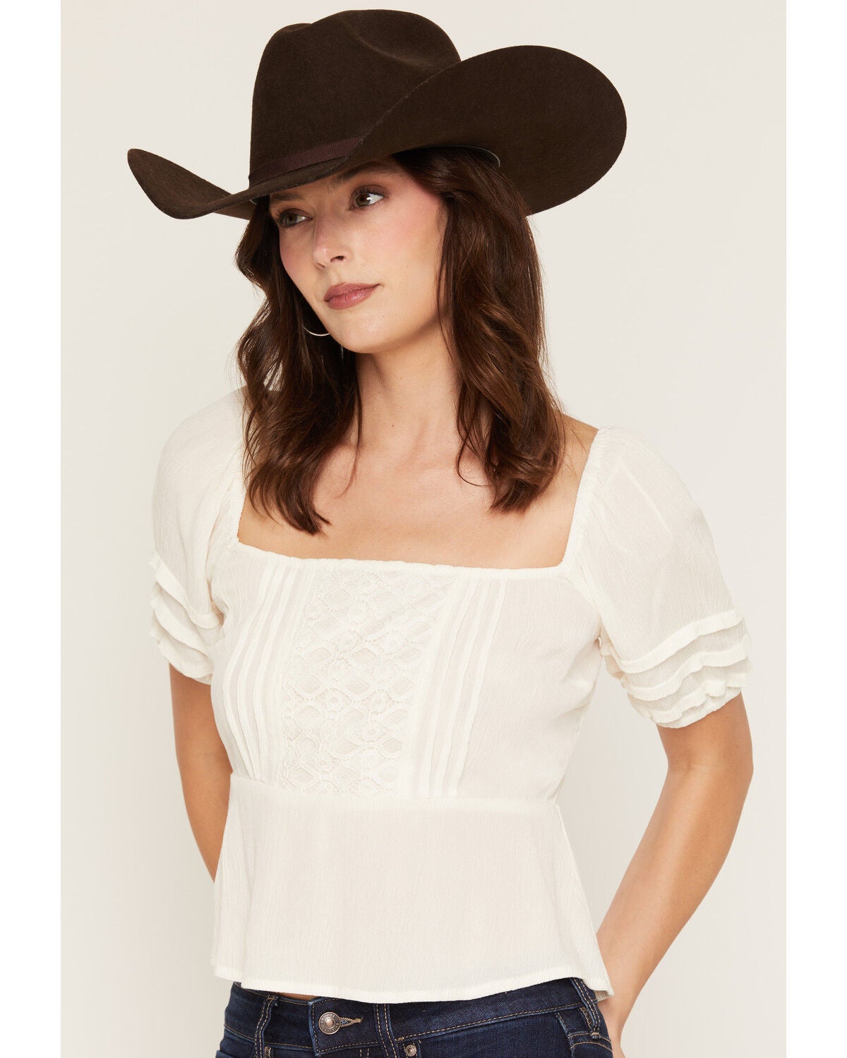 Image #2 - Lovestitch Women's Lace Front Short Sleeve Top, Ivory, hi-res