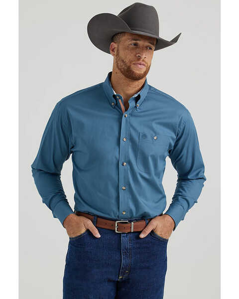 George Strait by Wrangler Men's Solid Long Sleeve Button-Down Stretch Western Shirt - Tall , Teal, hi-res