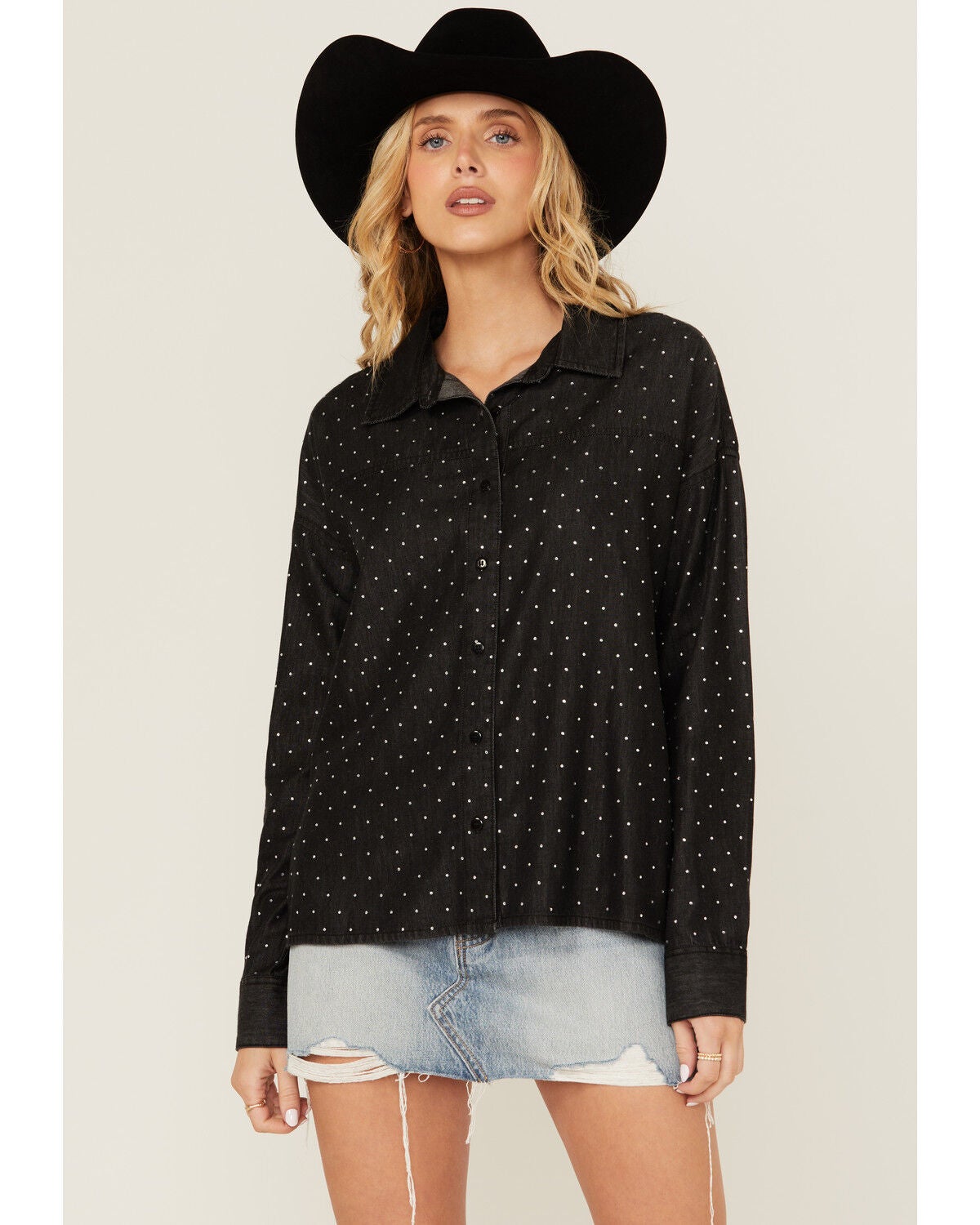 Rock & Roll Denim Women's Rhinestone Long Sleeve Button-Down Western Shirt, Black, hi-res