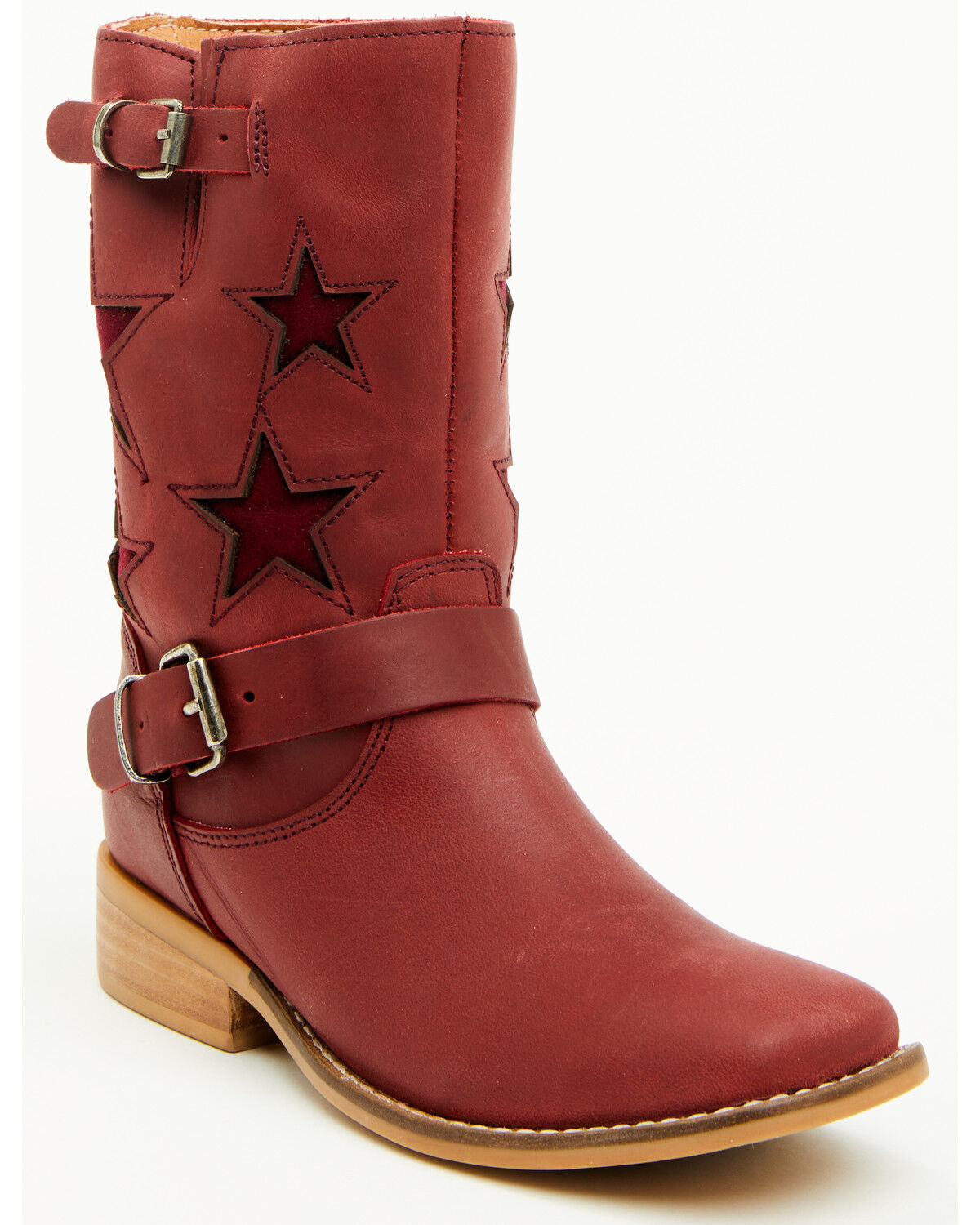 Image #1 - Dingo Little Girls' Blacklist Star Inlay Harness Boots - Square Toe, Wine, hi-res