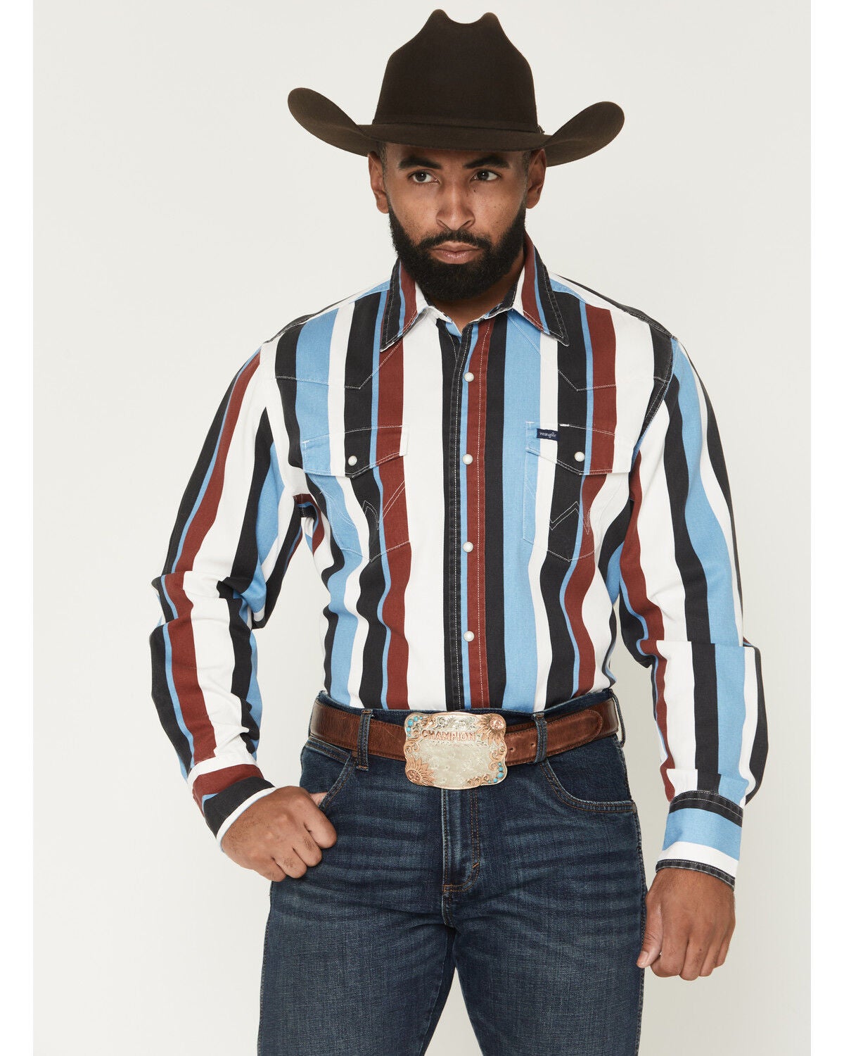 Wrangler Men's Vintage Brushpopper Striped Print Long Sleeve Snap Western Shirt, Blue, hi-res
