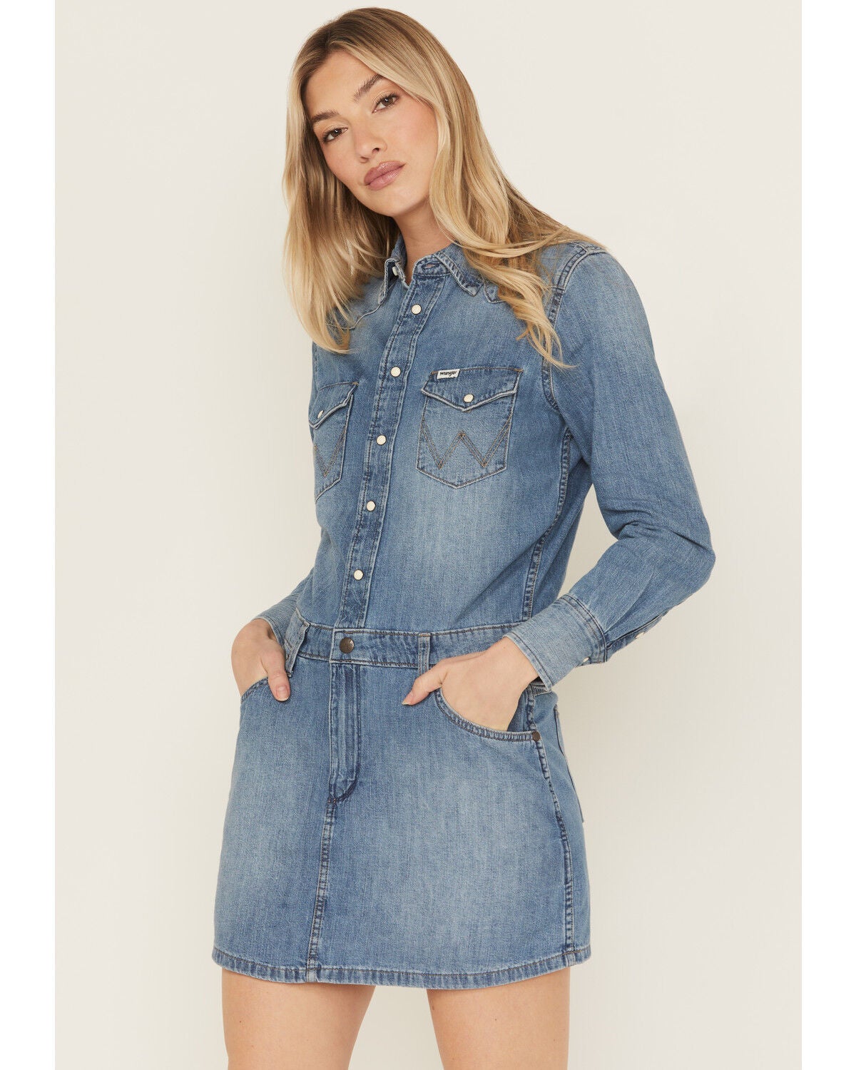 Wrangler Women's Long Sleeve Denim Mini Dress, Blue, hi-res