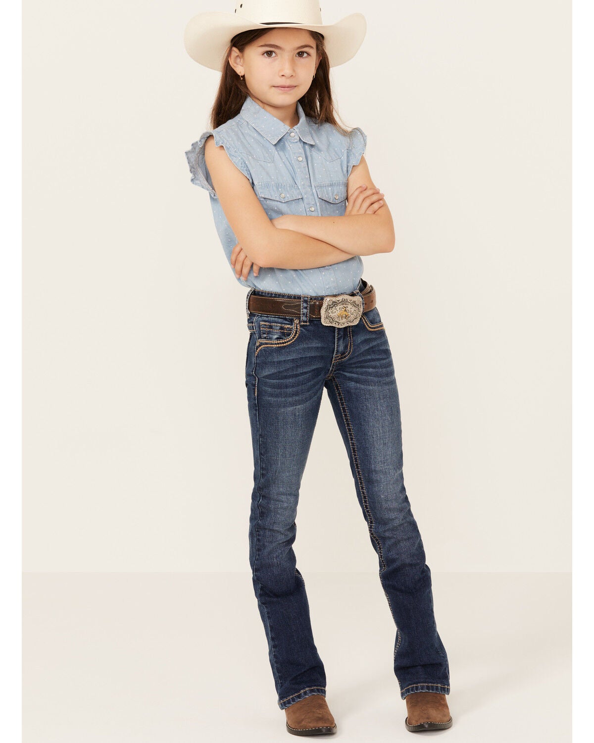 Image #1 - Shyanne Little Girls' Dark Wash Arrow Bootcut Stretch Denim Jeans, Blue, hi-res