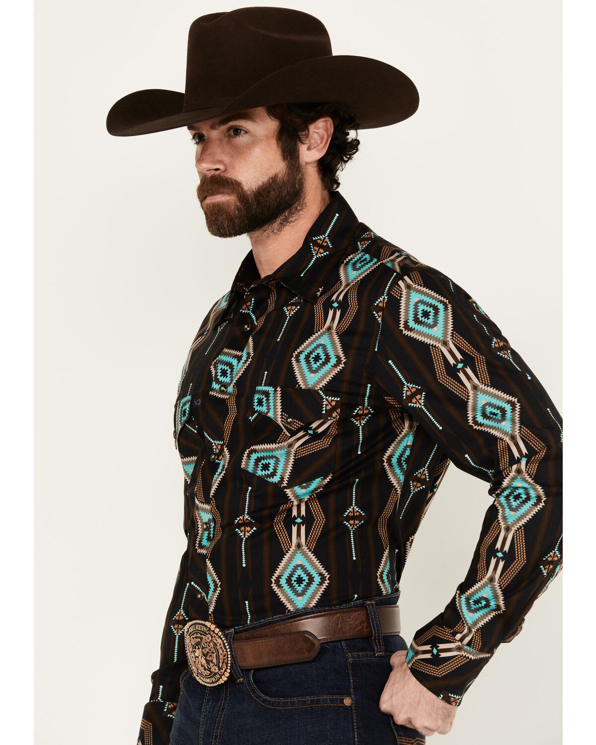 Image #2 - Rock & Roll Denim Men's Southwestern Print Long Sleeve Snap Stretch Western Shirt, Black, hi-res