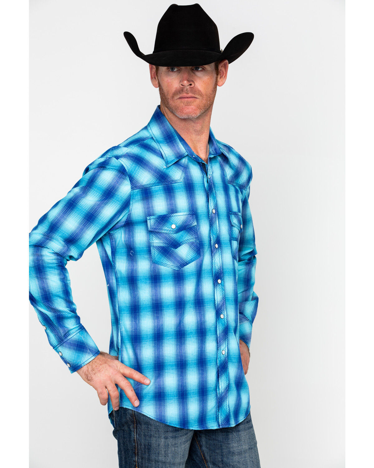 Image #3 - Rock & Roll Denim Men's Crinkle Washed Yarn Dye Plaid Long Sleeve Western Shirt, Blue, hi-res