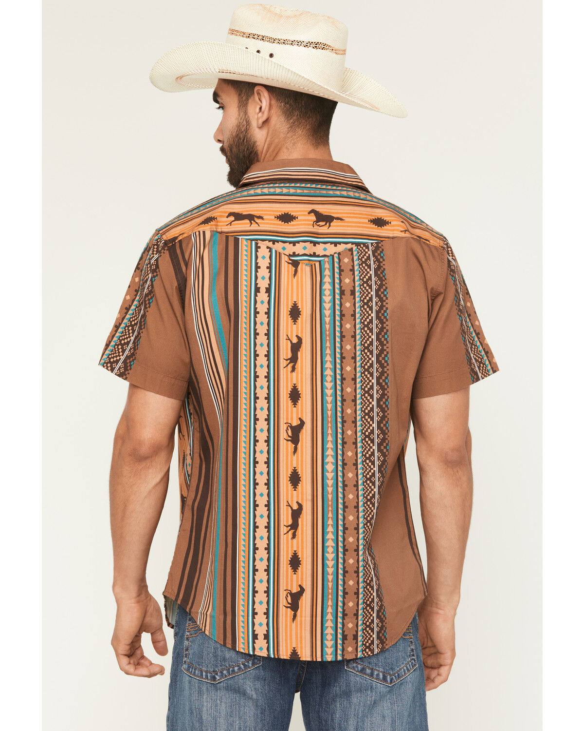 Image #4 - Sendero Provisions Men's Wyatt Southwestern Serape Striped Short Sleeve Snap Western Shirt, Brown, hi-res