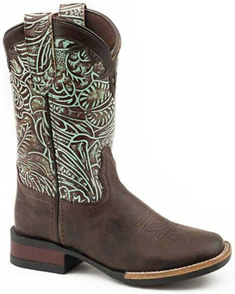 Roper Girls' Monterey Swirls Oiled Leather Western Boot - Square Toe , Brown, hi-res