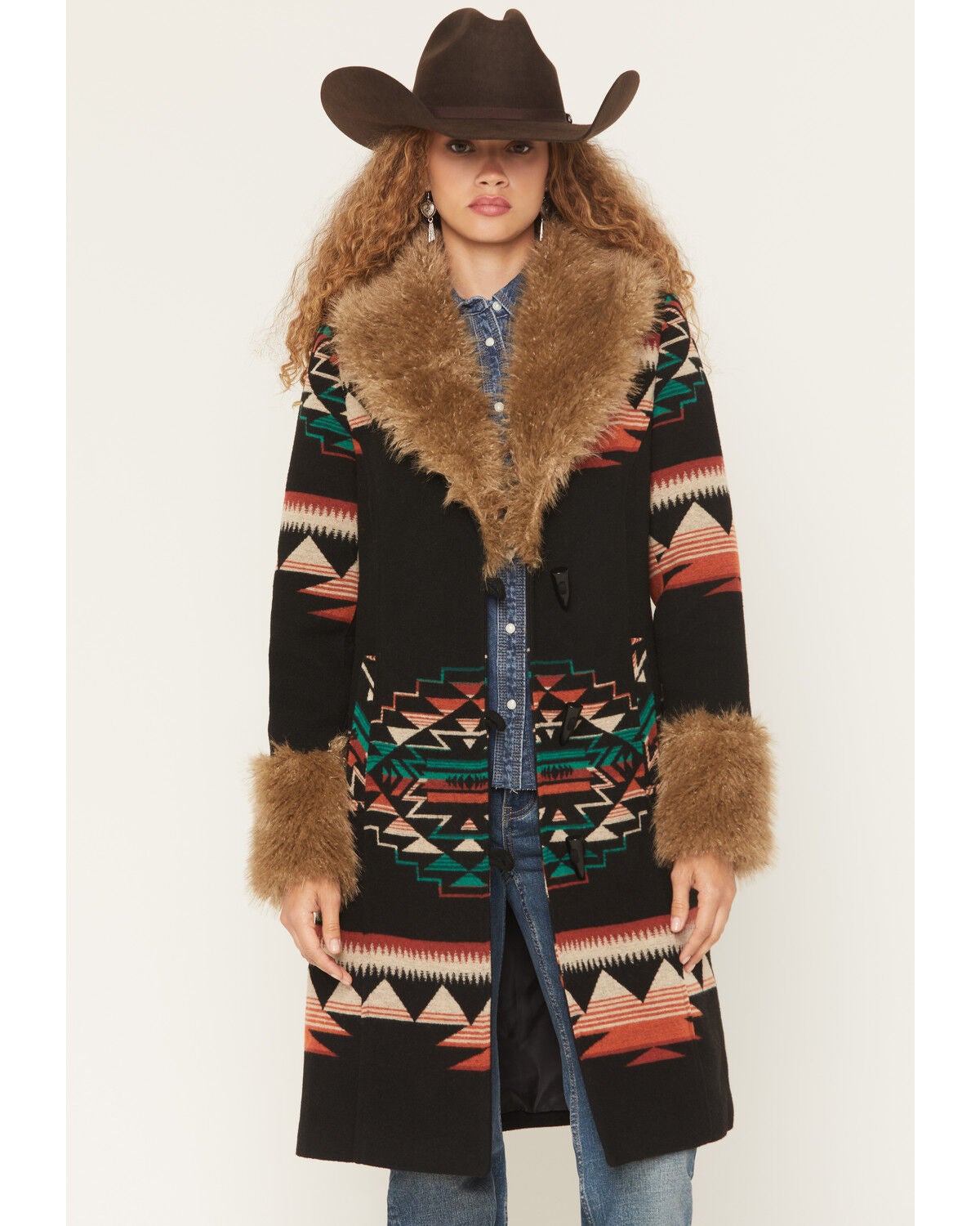 Panhandle Slim Women's Southwestern Border Print Coat, Black, hi-res
