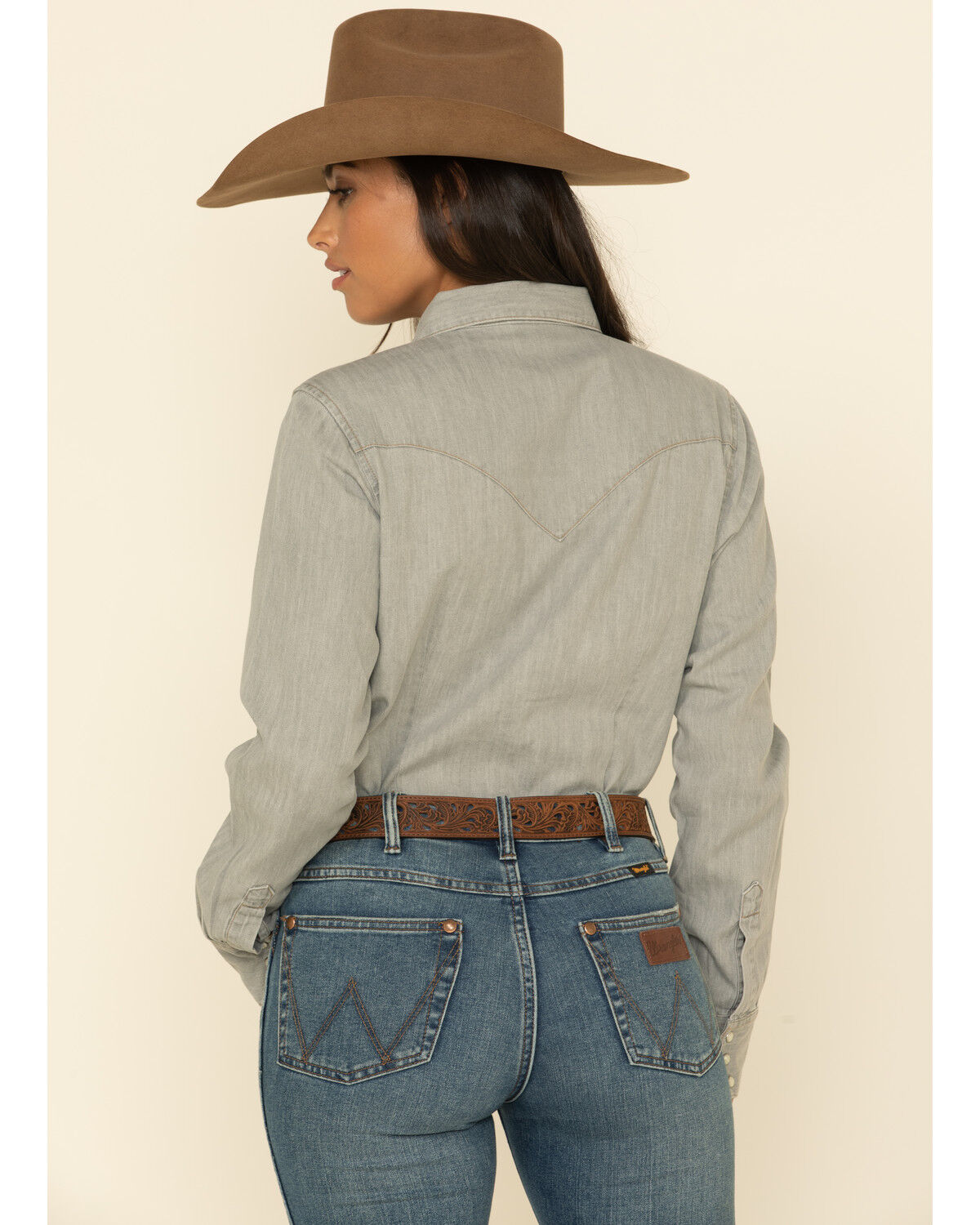 Image #7 - Wrangler Women's Solid Long Sleeve Snap Denim Shirt, Grey, hi-res