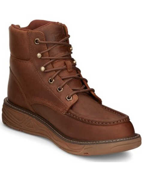 Image #1 - Justin Men's Rush Waterproof 6" Lace-Up Nano Non-Comp Wedge Work Boots - Moc Toe , Brown, hi-res