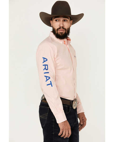 Image #1 - Ariat Men's Gerson Team Logo Micro Striped Fitted Long Sleeve Button-Down Western Shirt , Light Orange, hi-res